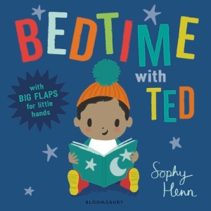 Cover of Bedtime with Ted. A dark blue cover with the title in colourful capitals. A black toddler wearing an orange hat with a green bobble sits reading a green book covered with a moon and stars. 