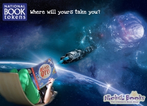 picture of outer space - there's a child reading a book in the bottom corner, and it looks like outer space has popped right out of hte book. there's the moon in the top corner.The wording says National Book Tokens, then "where will yours take you?"