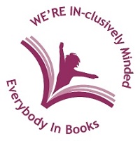 logo of Inclusive Minds - a white box with a stylised book open, and a child popping out of it. The words around the book are We're IN-clusively-Minded. Everybody in Books